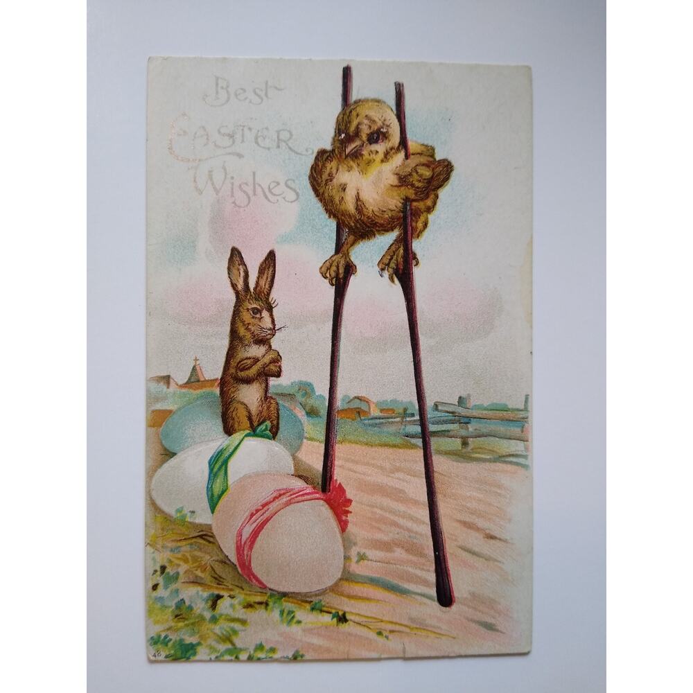 Easter Postcard Fantasy Baby Chick On Stilts Upset Rabbit Eggs 1907 Undivided 48 - Picture 2 of 4